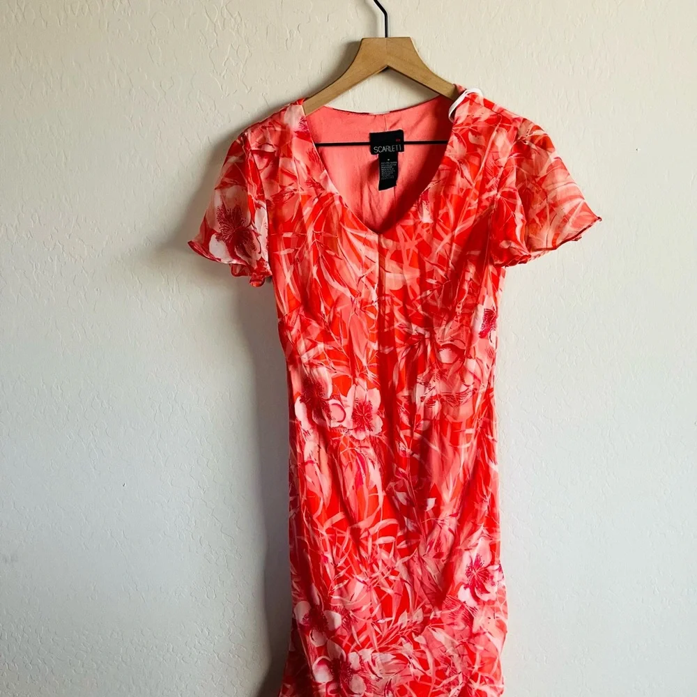Vintage Scarlett Orange Floral Midi Dress Size 8 90s Y2K Whimsical Fairy - Picture 3 of 5